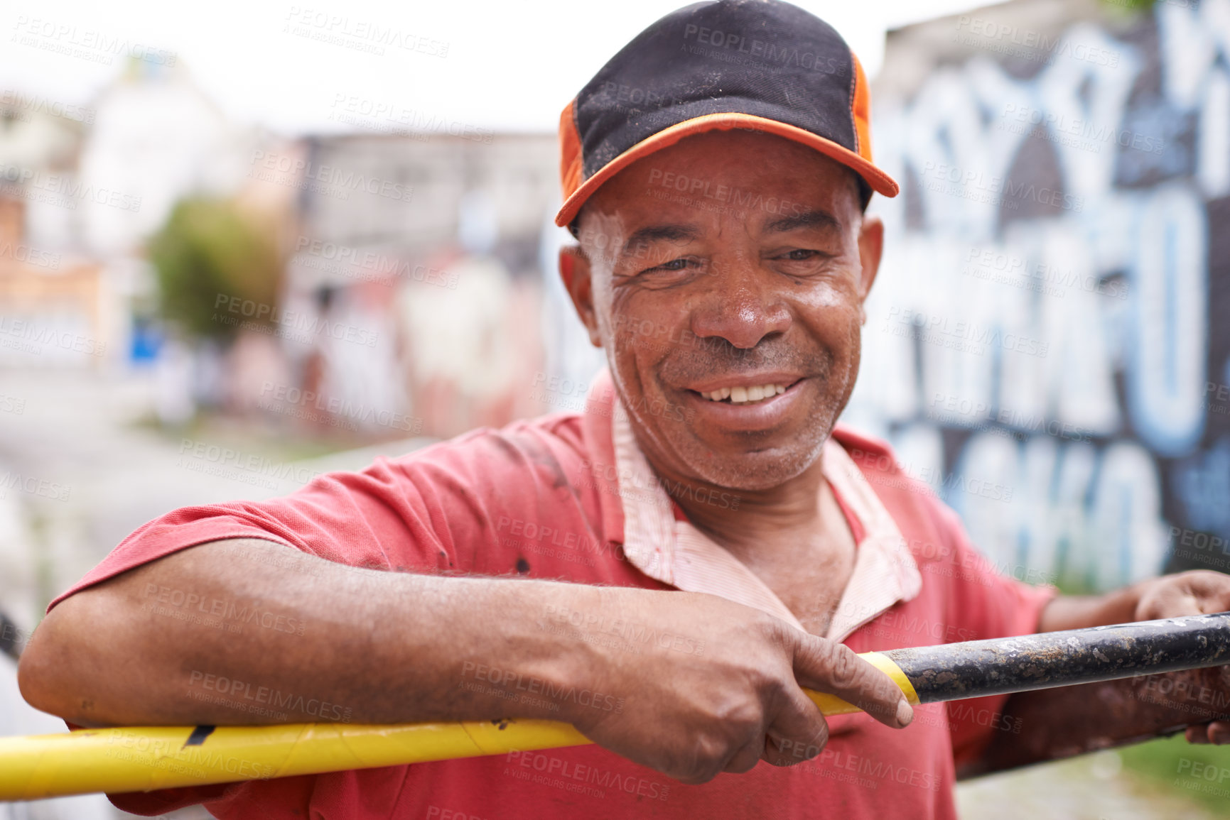 Buy stock photo Garbage, cart or mature man in street for waste management, recycling or rubbish in neighborhood. City, collector or face of happy person thinking of dump collection, litter junk or scrap in Brazil