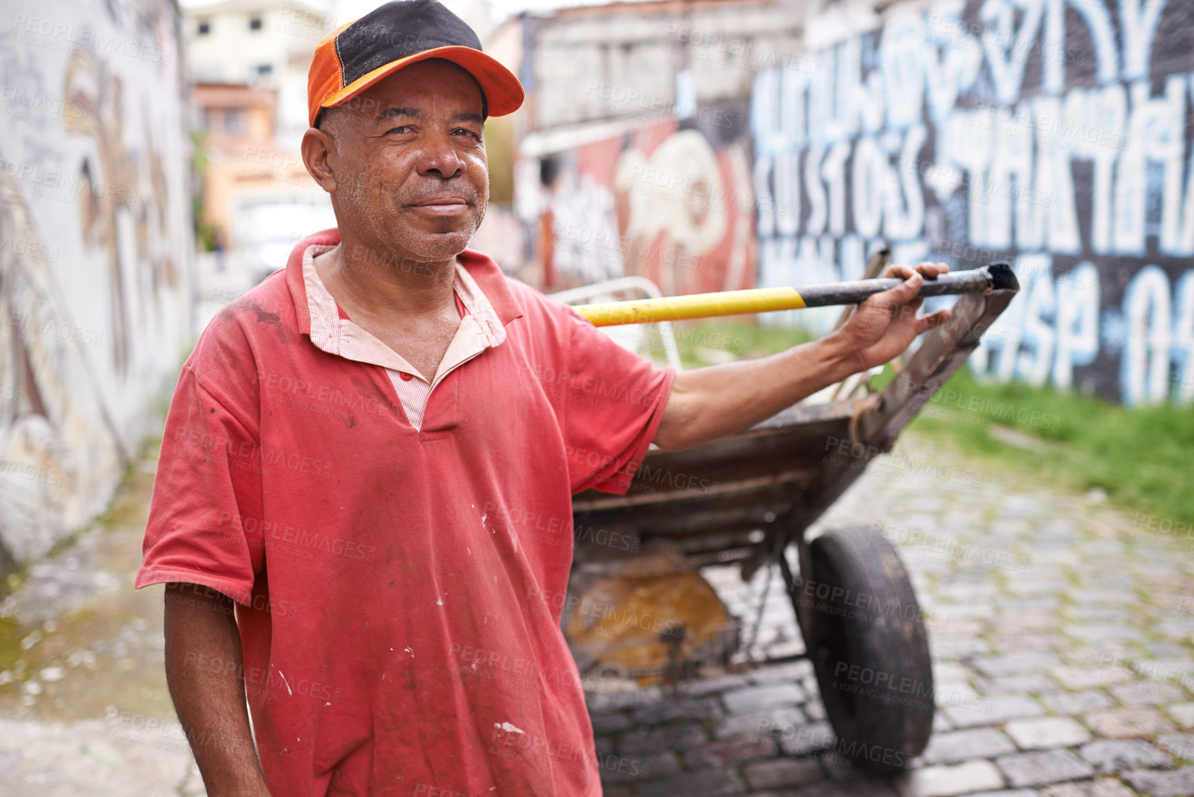 Buy stock photo Man, portrait and cart for rubbish in street for smile, walk and collect trash for recycling for ecology. Person, rickshaw or barrow for sustainability, environment and garbage on road in Sao Paulo