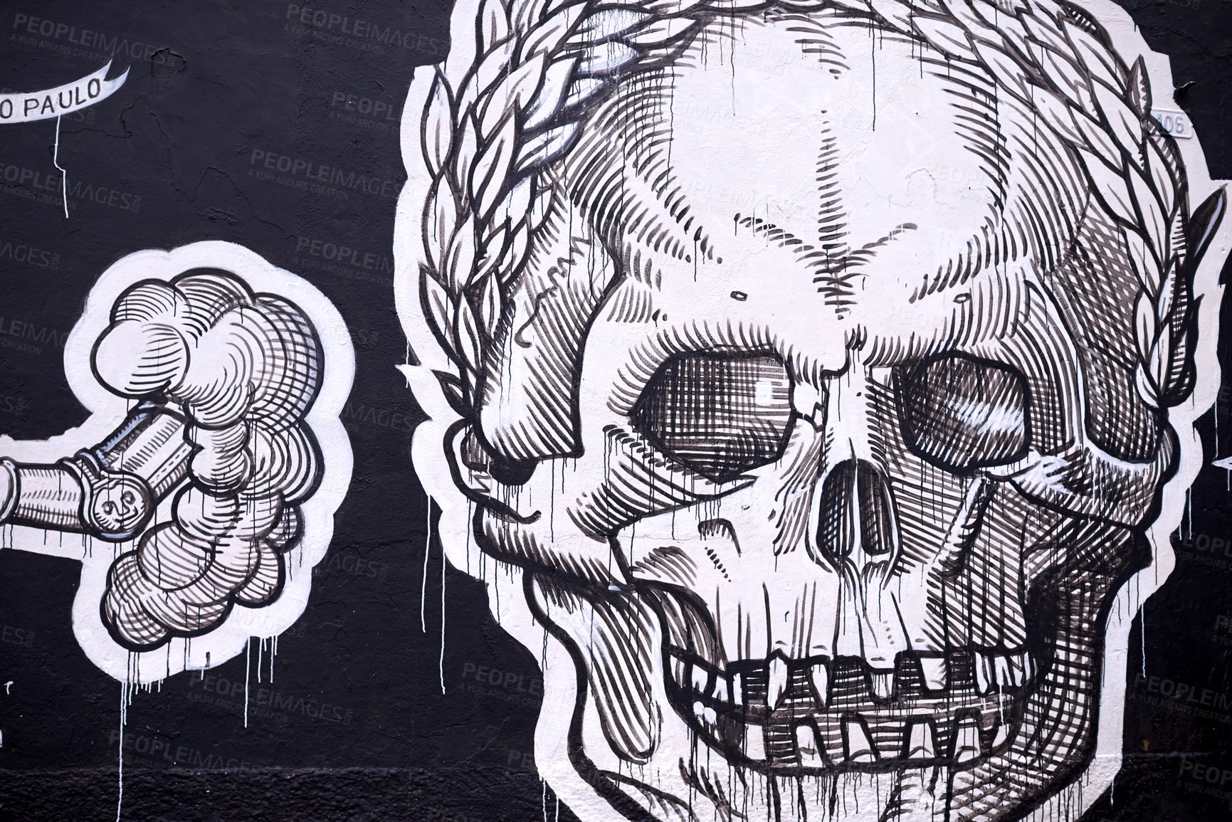 Buy stock photo Graffiti, painting and wall mural in neighborhood with skull illustration and creativity in the city. Urban, art and black and white on a street with drawing in Sao Paulo outdoor with design tag