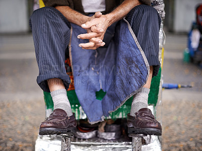 Buy stock photo Shine, shoes or legs of man in cleaning service on city street for client or customer with polish, trade or apron. Chair, waiting or feet of person in downtown Sao Paulo ready for footwear assistance