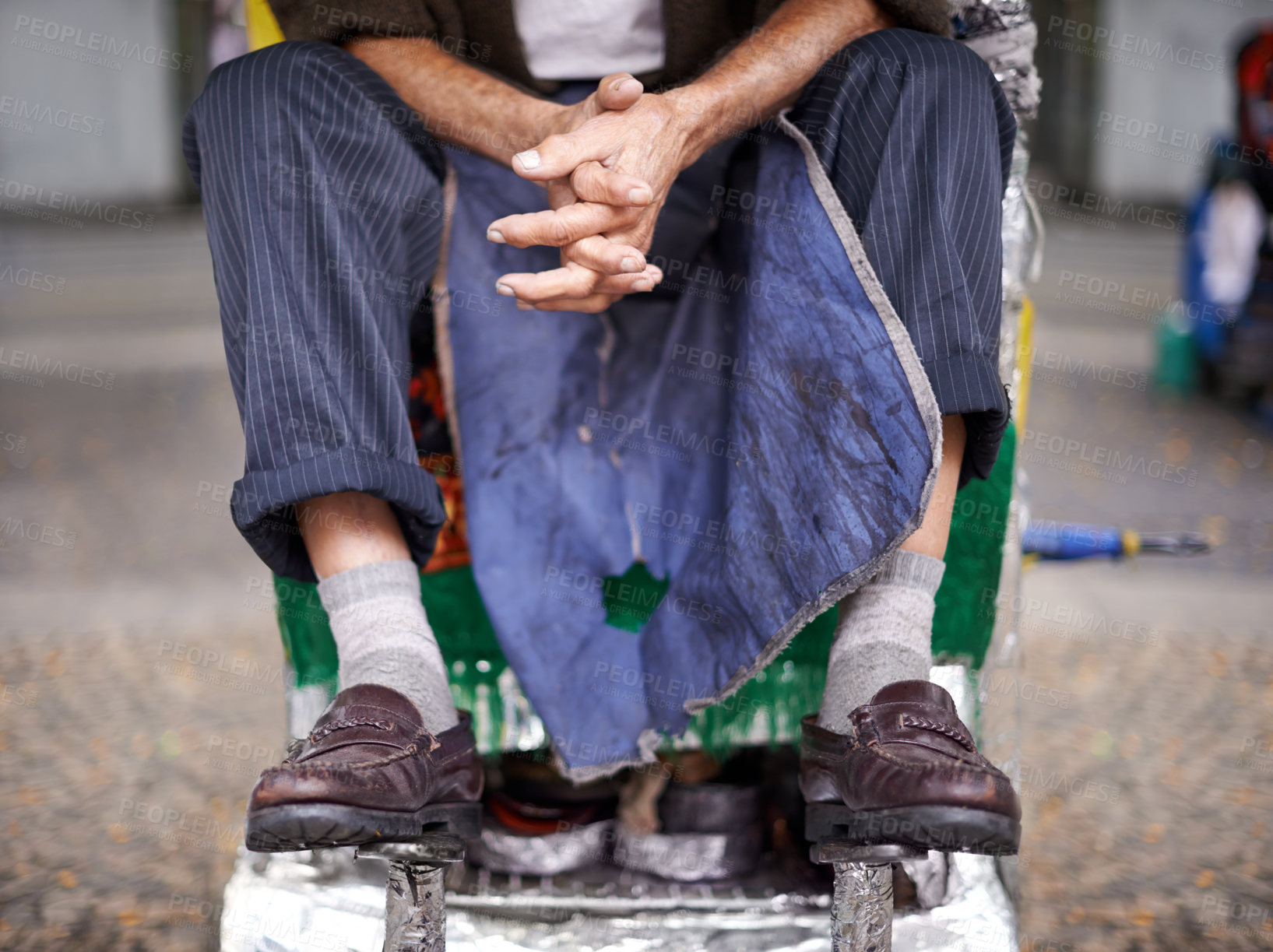 Buy stock photo Shine, shoes or legs of man in cleaning service on city street for client or customer with polish, trade or apron. Chair, waiting or feet of person in downtown Sao Paulo ready for footwear assistance