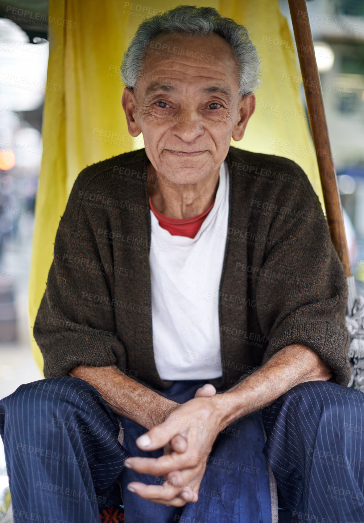 Buy stock photo Relax, outdoor and portrait of an old man in a city for peace in retirement, neighborhood or chair. Sao Paulo, resting and elderly male person in street with poverty, hardship and wisdom in Brazil