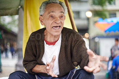 Buy stock photo Conversation, city and elderly man talking in a neighborhood outdoor with chat and communication. Urban, sitting and senior Asian male person with wisdom, street and road with travel and advice