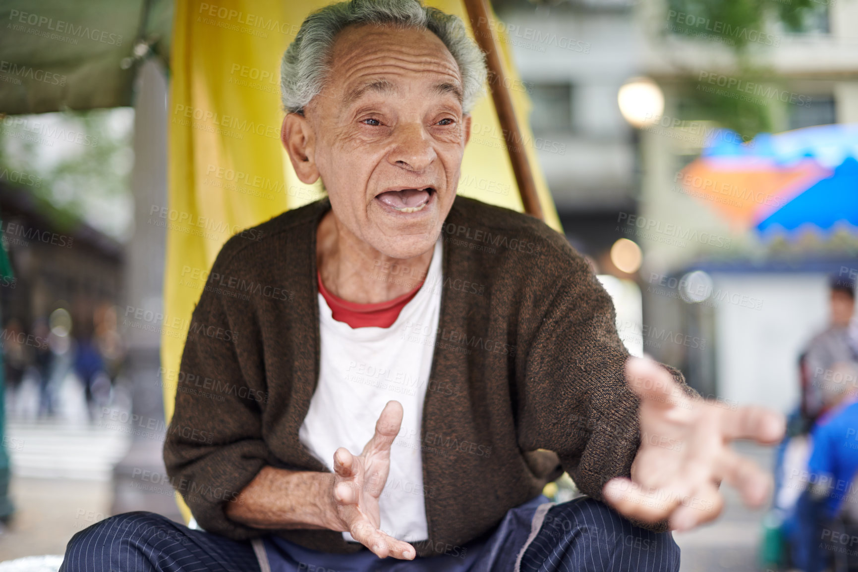 Buy stock photo Conversation, city and elderly man talking in a neighborhood outdoor with chat and communication. Urban, sitting and senior Asian male person with wisdom, street and road with travel and advice