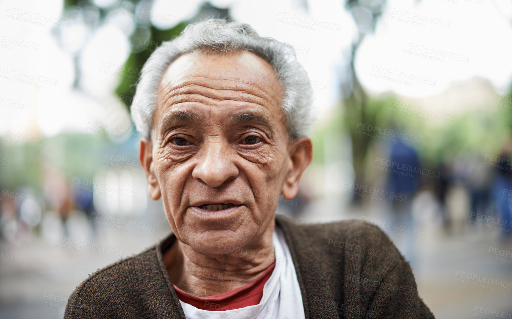 Buy stock photo Face, senior man and serious in outdoor for travel, retired and confident in street of Mexico. Portrait, male person and wellness to relax with wellbeing for healthy mind, positivity and leisure 
