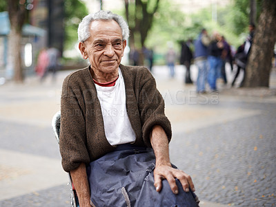 Buy stock photo Relax, thinking or old man in a chair or city for peace in retirement, neighborhood or Sao Paulo. Outdoor, resting and poor elderly male person in street with poverty, hardship and wisdom in Brazil