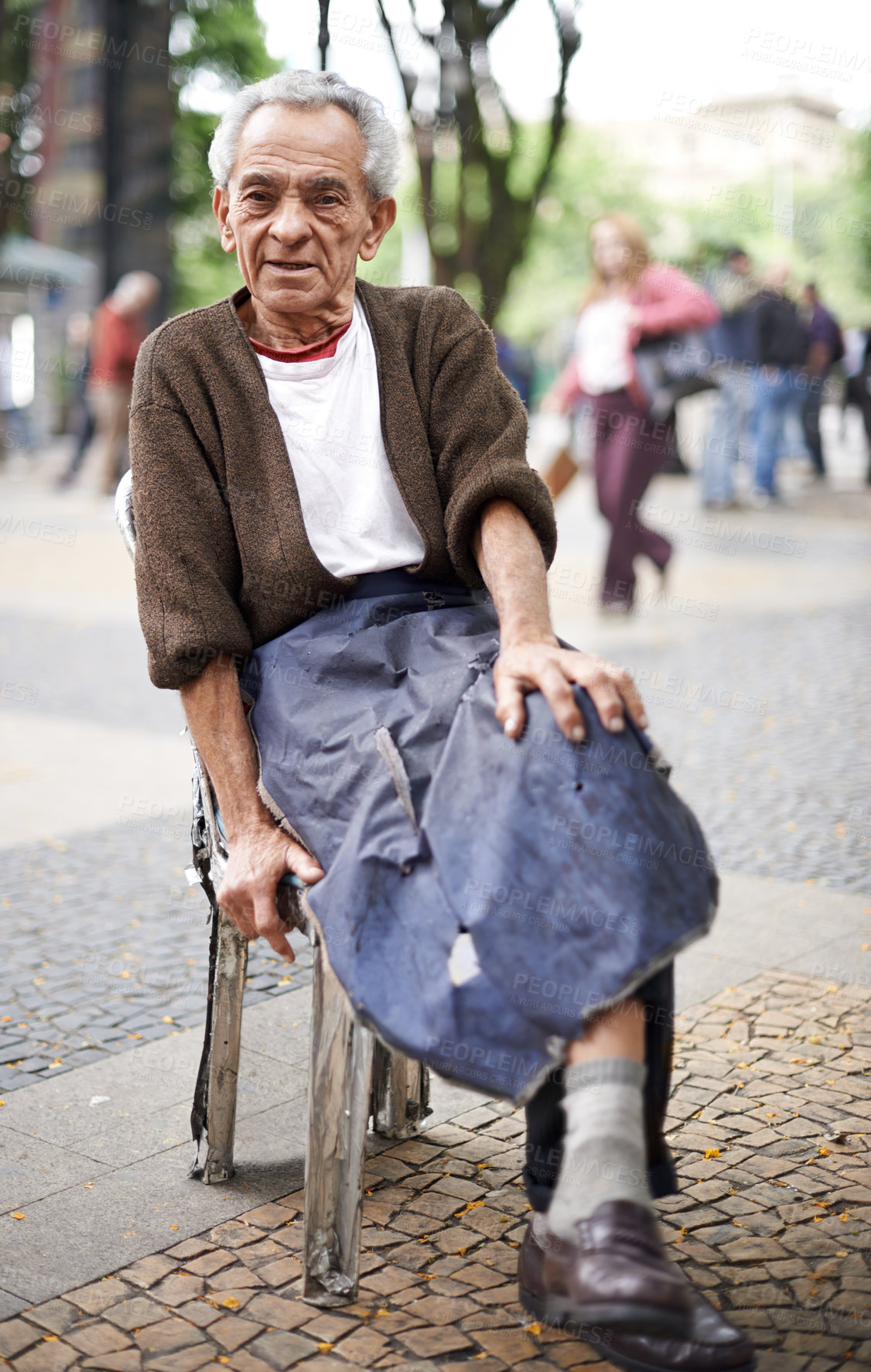 Buy stock photo Relax, business or old man in a chair or city for peace in retirement, neighborhood or Sao Paulo. Outdoor break, thinking and elderly male person in street with apron, job labor and wisdom in Brazil