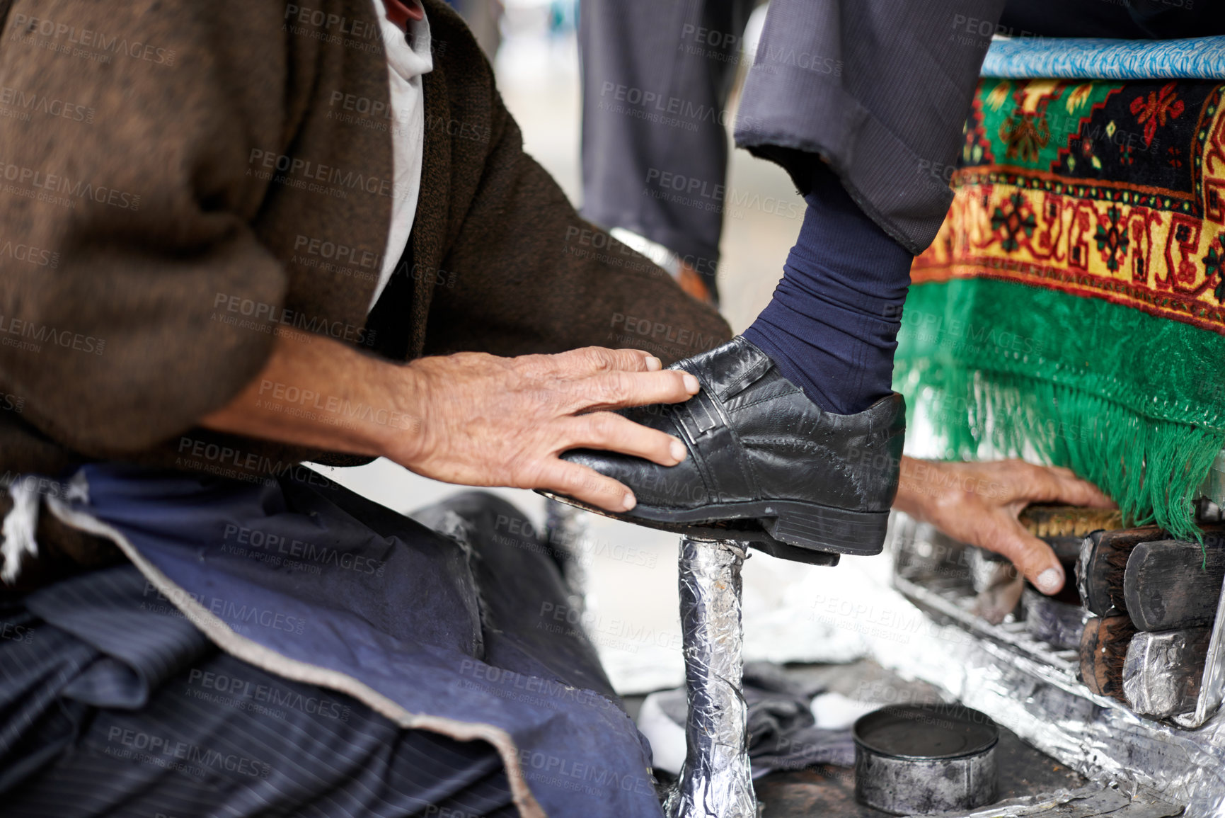 Buy stock photo Shine, shoes or hands of man in street, city or cleaning service for client or customer with polish or trade. Cloth, brush or feet of businessman in downtown Sao Paulo for footwear or outdoor help