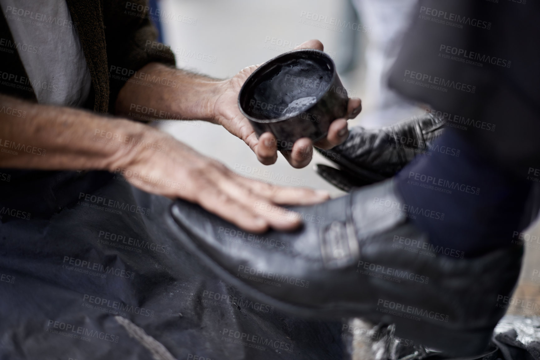 Buy stock photo Hands, repairman and polishing shoes for client in handcraft, startup business and store. Entrepreneur, shoemaker and service with customer for leather footwear, skills and professional in street