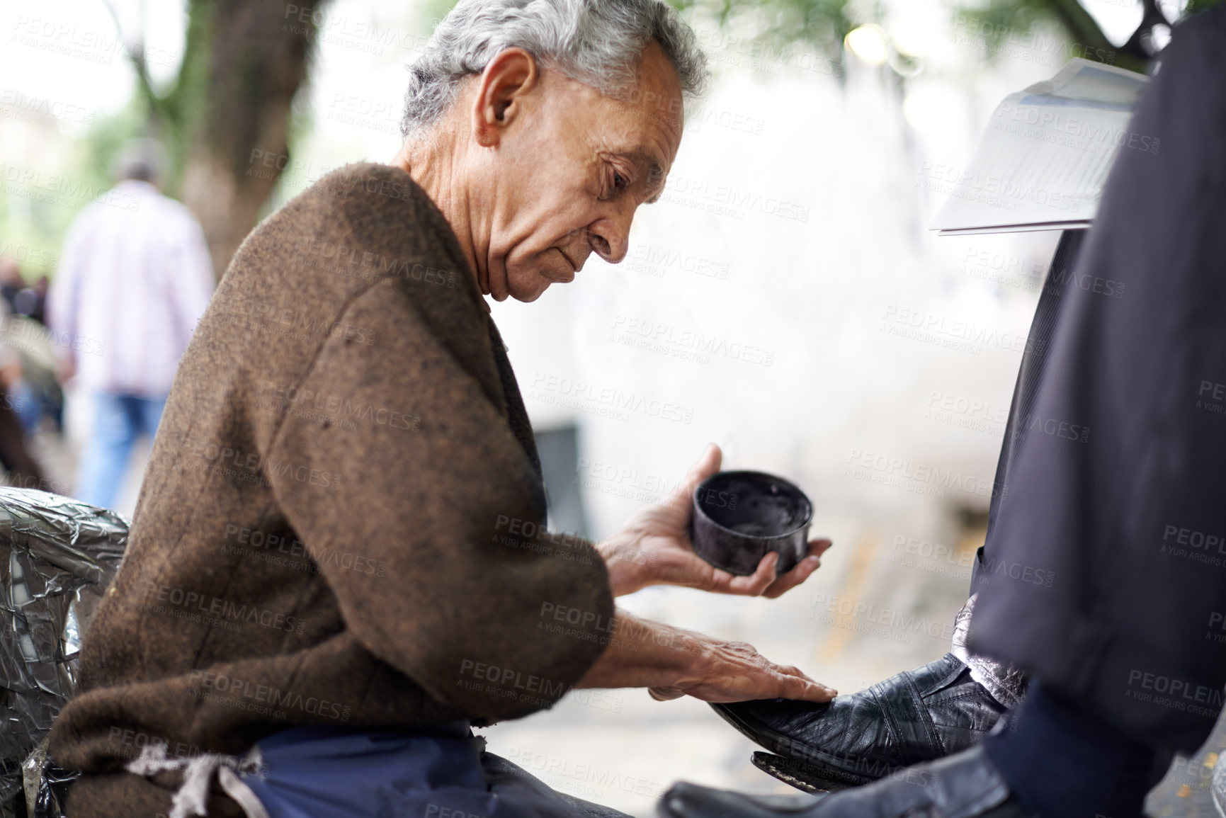 Buy stock photo Shine, shoes or old man in cleaning service on city street for client or customer with polish, trade or job. Cloth, senior or feet of businessman in downtown Sao Paulo for footwear or outdoor help