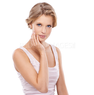 Buy stock photo Skincare, beauty and portrait of woman on a white background for facial, wellness and health. Dermatology, salon aesthetic and isolated person with confidence, natural skin and cosmetics in studio