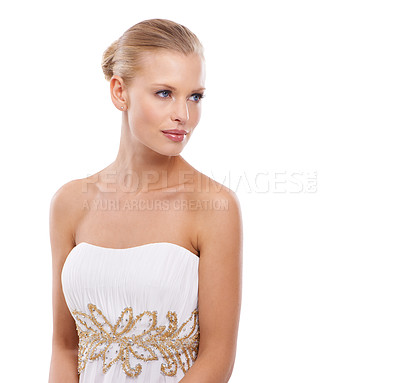 Buy stock photo Thinking, woman and bride with wedding gown in studio on white background in confidence for fashion. Female person, classy and glamour in elegant dress design for love, anniversary and celebration.