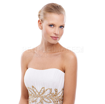 Buy stock photo Portrait, woman and bride with wedding dress in studio on white background in confidence for fashion. Female person, classy and glamour in elegant gown design for love, anniversary and celebration.