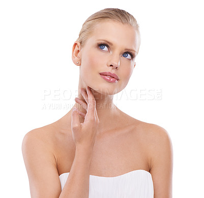 Buy stock photo Face, beauty and skincare for model women person, thinking and in studio isolated on white background. Cosmetic, makeup or dermatology for healthy skin, natural aesthetic and lipstick or cosmetology 