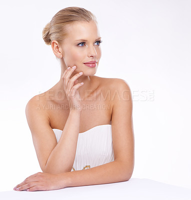 Buy stock photo Thinking, woman and bride with makeup in studio on white background in confidence for beauty. Female person, classy and glamour in bridal dress design for love, anniversary and celebrations.