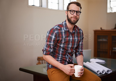 Buy stock photo Portrait, coffee and handyman with blueprint, engineering and construction company with startup. Face, employee and entrepreneur with morning tea or design for a property and real estate in an office