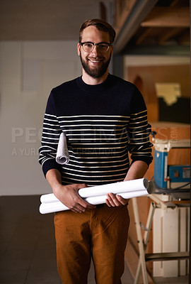 Buy stock photo Portrait, smile and man with blueprint, architect and real estate development with ideas and glasses. Person, employee and engineering with documents or maintenance with renovation, smile or property