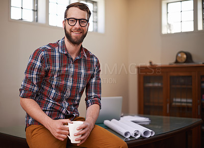Buy stock photo Portrait, coffee and handyman with blueprint, smile and construction company with engineering. Face, employee and entrepreneur with morning tea and design for a property and carpenter with startup