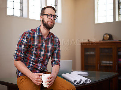 Buy stock photo Thinking, business and man with coffee, engineering and architect with blueprint or construction. Person, employee or planning for project with morning tea or solution with problem solving or startup