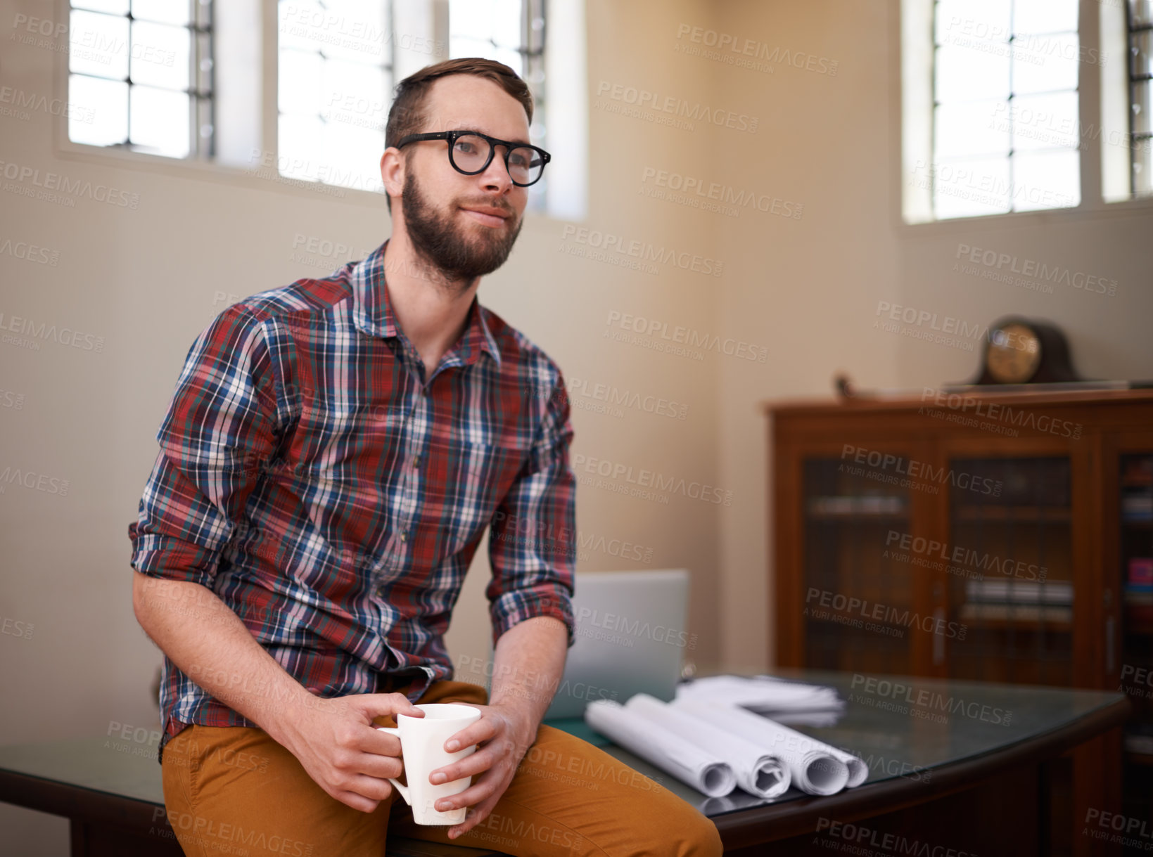 Buy stock photo Thinking, business and man with coffee, engineering and architect with blueprint or construction. Person, employee or planning for project with morning tea or solution with problem solving or startup