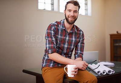 Buy stock photo Portrait, employee and man in his workshop, business and blueprints with ideas, skills and coffee cup. Face, male entrepreneur and builder in his office, documents and paperwork with startup success
