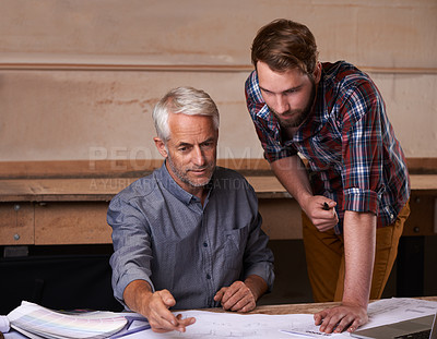 Buy stock photo Architecture, blueprint and men discussing for design with collaboration in workplace of workshop. Teamwork, male people and employees with floor plan in company for construction industry in New York