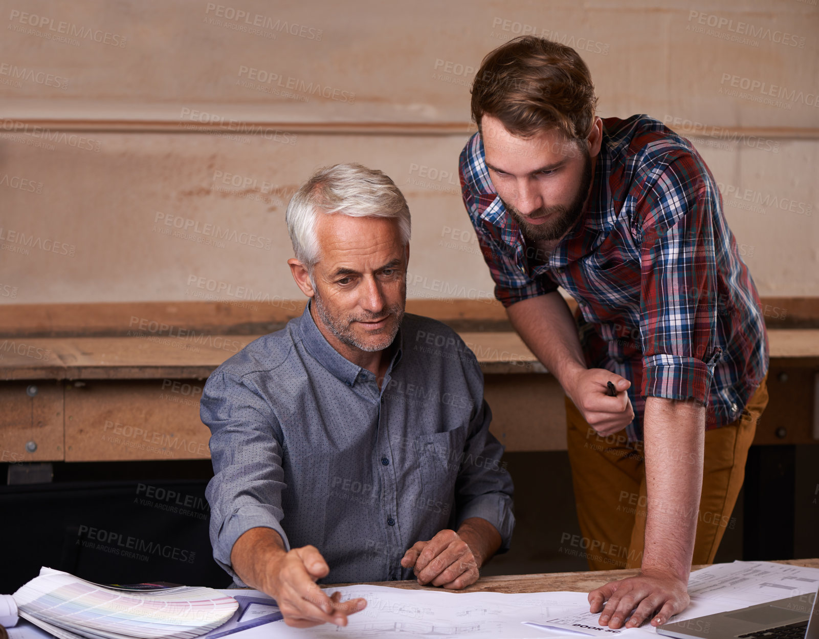 Buy stock photo Architecture, blueprint and men discussing for design with collaboration in workplace of workshop. Teamwork, male people and employees with floor plan in company for construction industry in New York