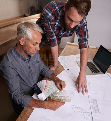 Buy stock photo Architecture, laptop and men discussing for design with collaboration in workplace of workshop. Teamwork, male people and employees with floor plan in company for construction industry in New York