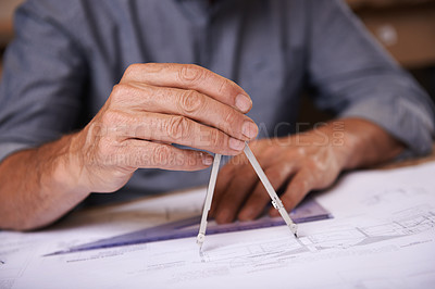 Buy stock photo Hands, compass and architect person drawing blueprint, construction and civil engineering with stationery. Drawing tools, equipment and closeup of floor plan for property development or renovation