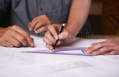Buy stock photo Hands, pencil and architect team drawing blueprint, construction and civil engineering with stationery. Design tools, collaboration and closeup of people with floor plan for property or renovation