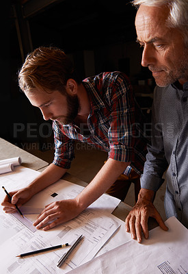 Buy stock photo Architecture, collaboration and engineers with blueprint in office for building, construction or repairs. Team, design and industrial apprentice planning and working on industry project with mentor.