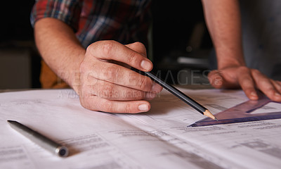 Buy stock photo Hands, pencil and architect drawing blueprint, construction person and civil engineering with stationery. Drawing tools, paperwork and closeup of floor plan for property development or renovation