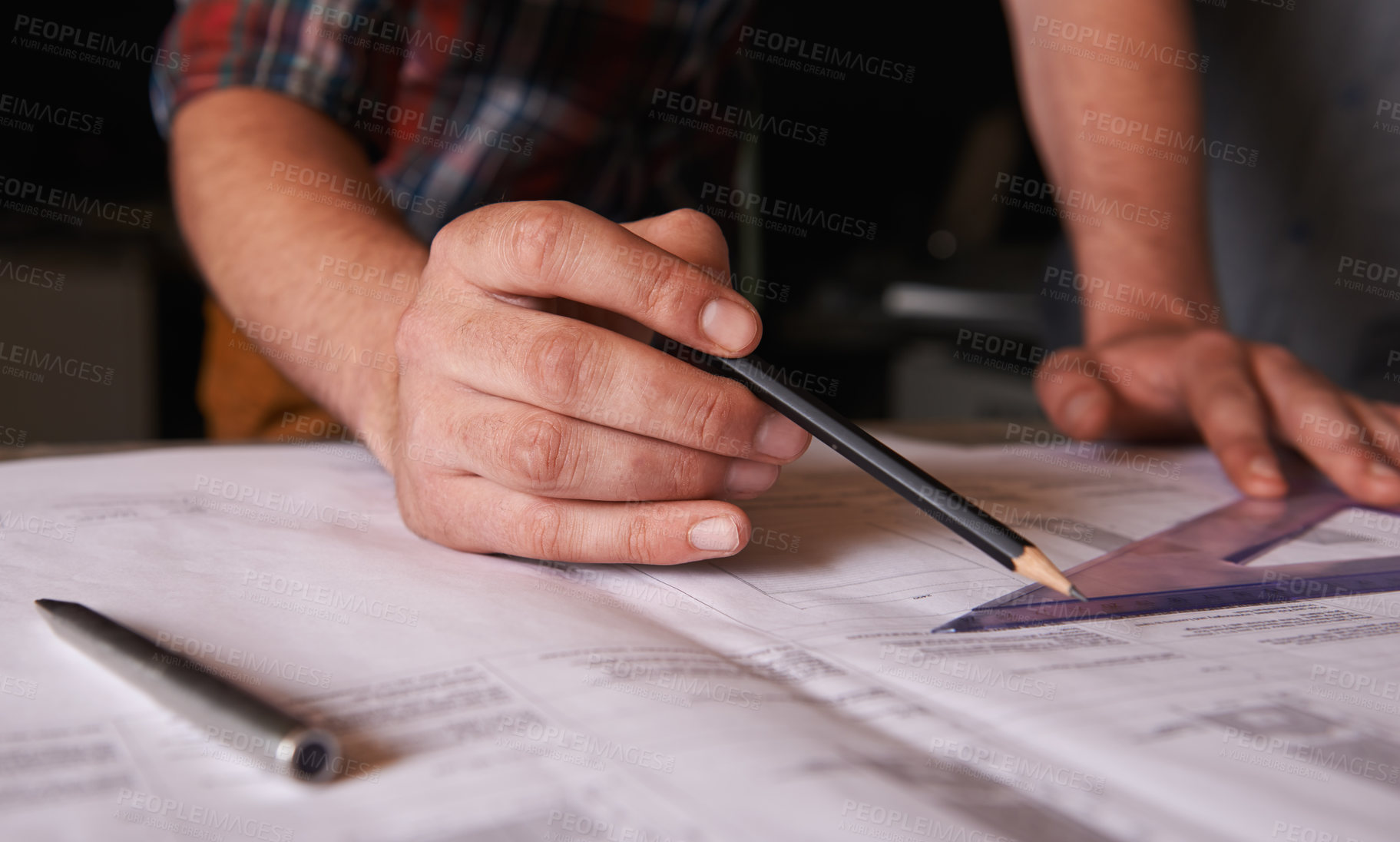 Buy stock photo Hands, pencil and architect drawing blueprint, construction person and civil engineering with stationery. Drawing tools, paperwork and closeup of floor plan for property development or renovation