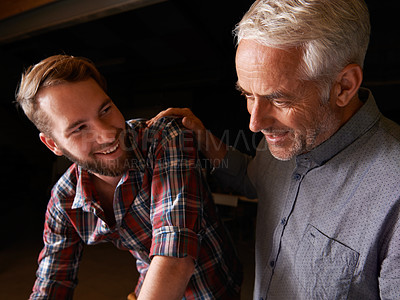 Buy stock photo Mature man, apprentice and smile to learn, work or business together for trust, teamwork or support. Manager, employee and happy to plan, collaboration and conversation for connection and knowledge