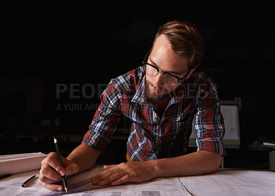 Buy stock photo Man, architect and thinking of blueprint, working and planning for construction. Architecture, building and engineering for infrastructure, design and contractor for career for remodel and measuring