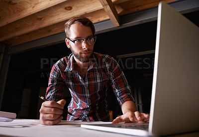 Buy stock photo Architect, drawing and man with laptop, blueprint and engineer with internet and digital app with network. Person, startup or entrepreneur with construction and online planning for renovation or idea