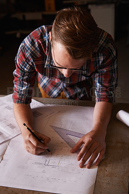 Buy stock photo Man, architect sketch blueprint and construction for engineering, renovation project and drawing tools. Floor plan, design and property development with architecture top view and creative in workshop