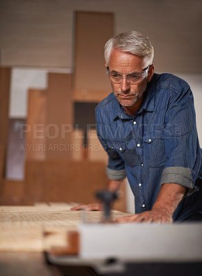 Buy stock photo Carpenter, thinking or checking wood in workshop, design and planning in small business. Furniture, craft and production table with clamp for lumber or timber, sustainable and materials or tools