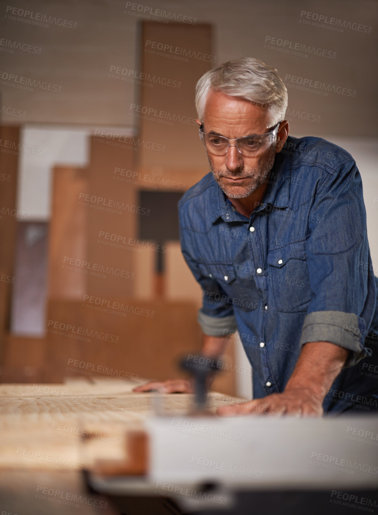 Buy stock photo Carpenter, thinking or checking wood in workshop, design and planning in small business. Furniture, craft and production table with clamp for lumber or timber, sustainable and materials or tools