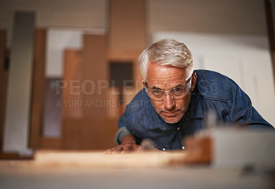 Buy stock photo Carpenter, thinking and planning in workshop, safety and glasses in small business. Design, woodwork or production with lumber or timber, contractor and materials or tools for furniture building 