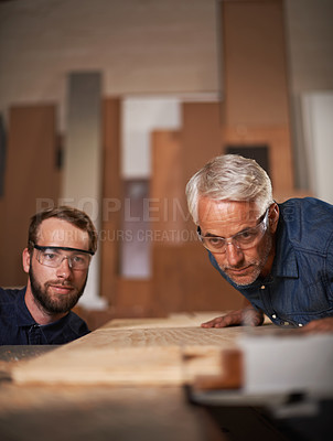 Buy stock photo Workshop, wood and father with son, teamwork and construction with property development and cooperation. Family, parent and collaboration with maintenance and planning with solution, tools and gear