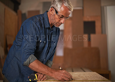 Buy stock photo Carpenter, measuring tape and man with pencil, safety glasses and designer furniture manufacturing workshop. Creativity, small business and professional man planning sustainable wood project design.