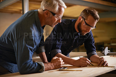 Buy stock photo Family, father and son in a workshop, architect and woods with drawing or safety glasses with protection. Parent, men or teamwork with construction or building with planning for project or renovation