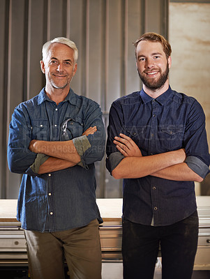 Buy stock photo Family, happy portrait and arms crossed of father and son woodwork team with a smile. Entrepreneur, male generation and carpentry workers with pride and success from small business and confidence