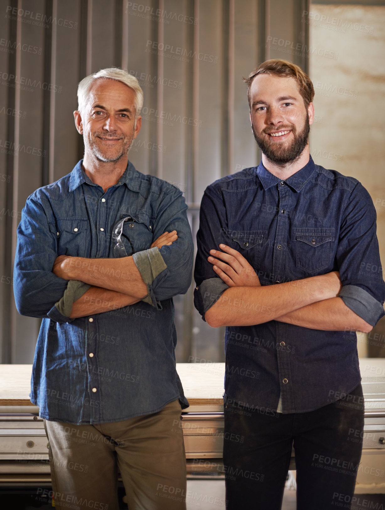 Buy stock photo Family, happy portrait and arms crossed of father and son woodwork team with a smile. Entrepreneur, male generation and carpentry workers with pride and success from small business and confidence