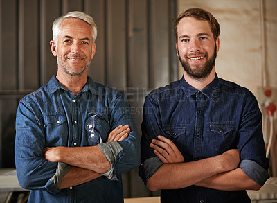 Buy stock photo Carpenter, happy portrait and arms crossed of architecture team with a smile from startup. Entrepreneur, partnership and architect workers together with pride and success from small business 