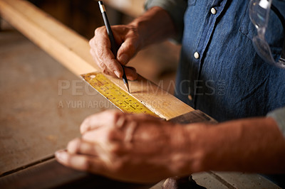 Buy stock photo Carpentry, measurement and man hands with pencil, ruler and designer furniture manufacturing workshop. Creativity, small business and professional carpenter planning sustainable wood project design.