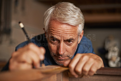 Buy stock photo Carpentry, measurement and focus, man with pencil, ruler and professional furniture manufacturing workshop. Creativity, small business and expert carpenter planning sustainable wood project design.