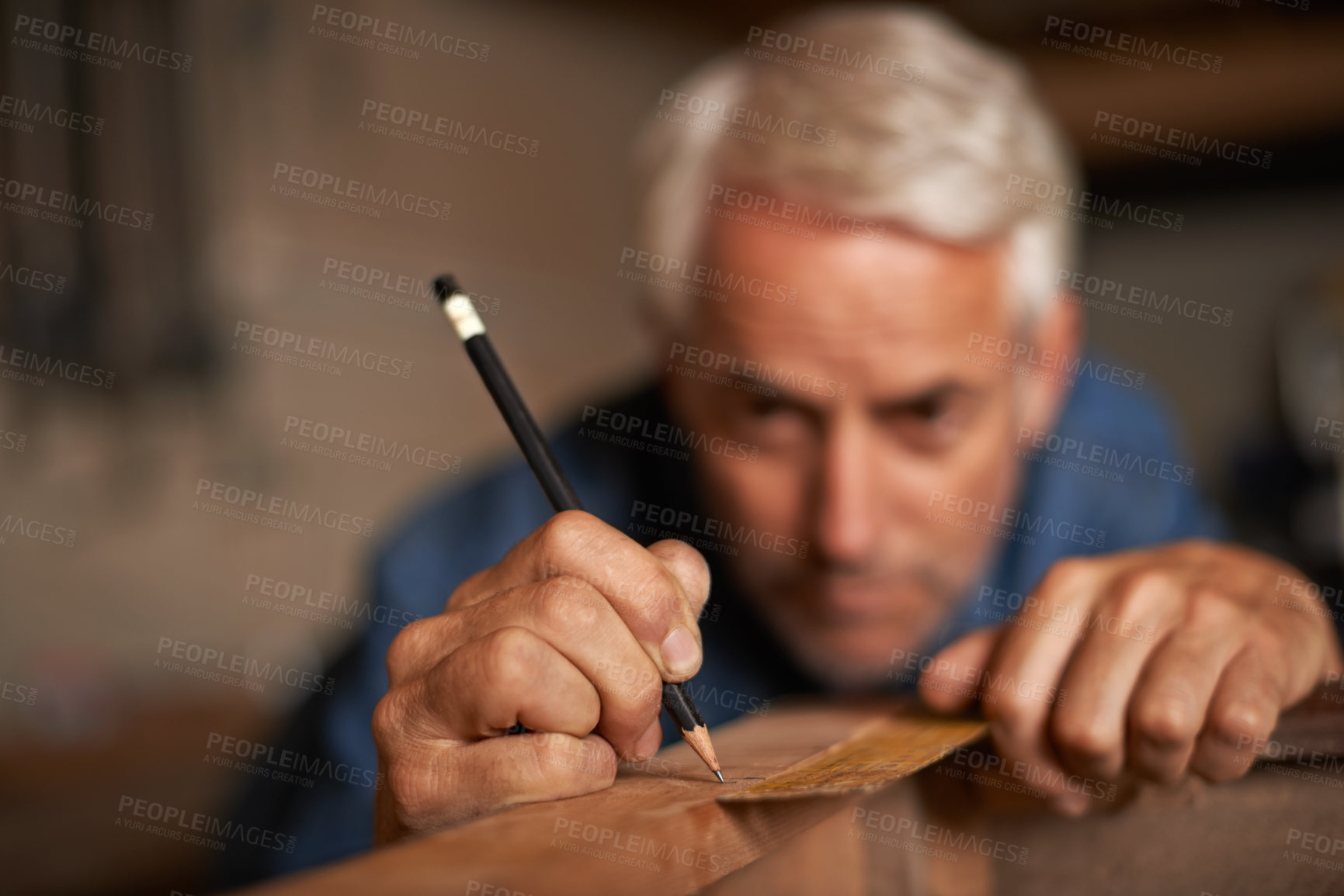 Buy stock photo Carpentry, hands of man with pencil, measurement and professional furniture manufacturing workshop. Creativity, small business and focus, expert carpenter working on sustainable wood project design.