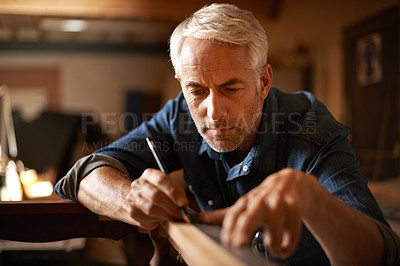 Buy stock photo Furniture restoration, pencil and carpenter man in antique table manufacturing workshop with focus. Concentration, small business and expert carpentry, woodwork for sustainable wood project design.